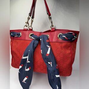 Gucci Vintage Red GG Canvas Tote with Silk Scarf Handles